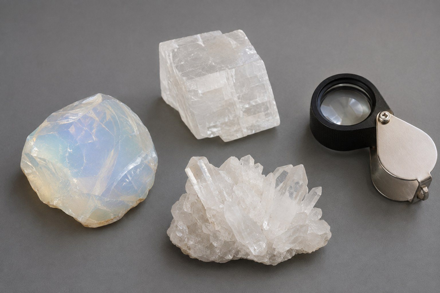 Tres minerales claros y una lupa preparados para comparar textura y brillo